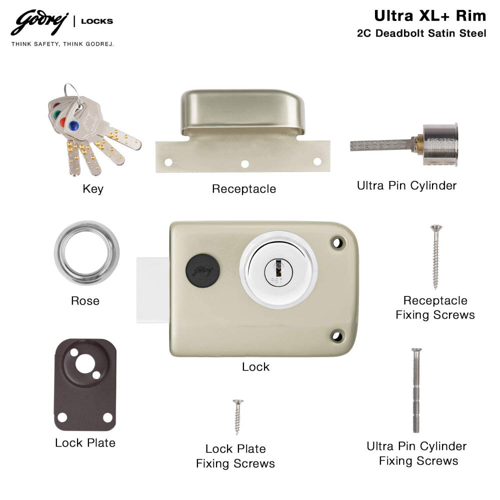 Godrej Rim Lock l 1CK Deadbolt l For Outside Opening Main  and Safety Door I For Balcony doors LeftorRight-Handed Doors l 60 mm Backset I 4 Keys l 5-Year Warranty l Satin Sliver Finish